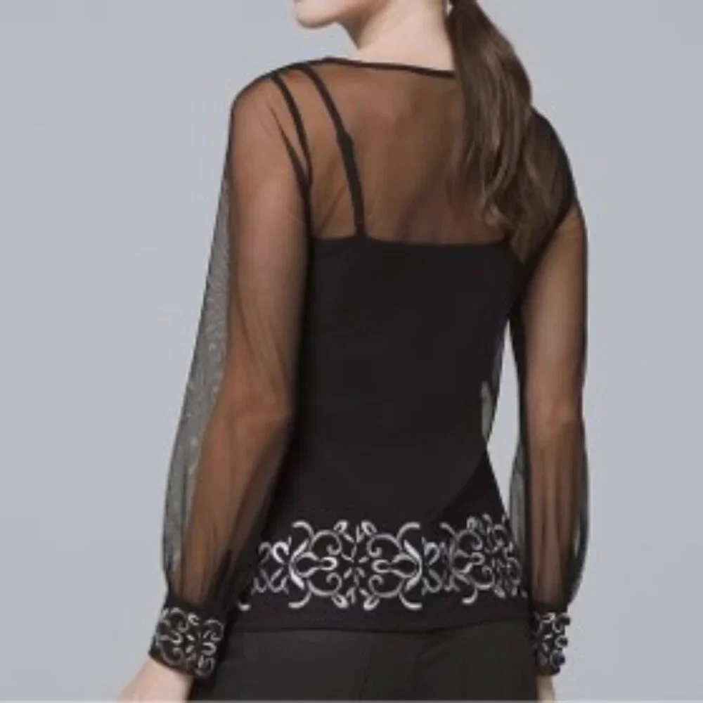 WHBM White House Black Market Sheer Embroidered Mesh Top + Cami Black Sz Medium - Picture 10 of 10